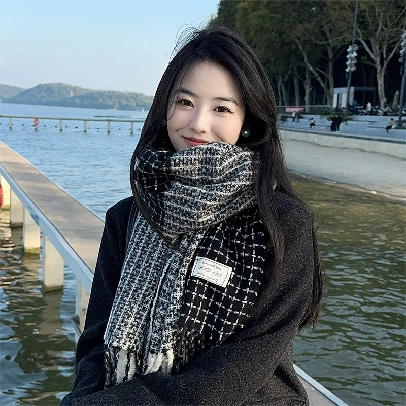 冬季撞色格纹围脖格子披肩百搭气质保暖千鸟格围巾女