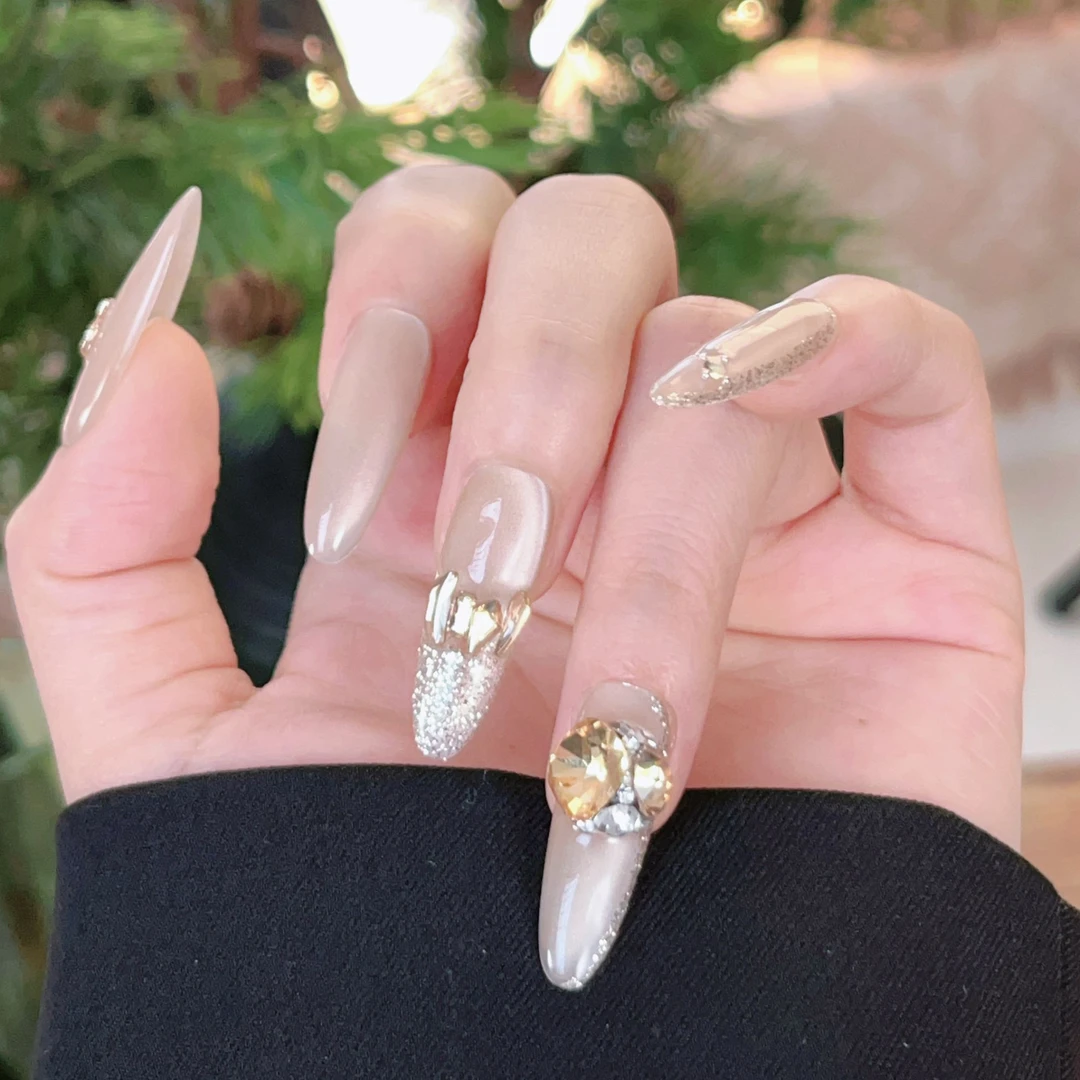 【浪漫巴黎】纯手工穿戴美甲气质猫眼堆堆钻美甲贴片10片装