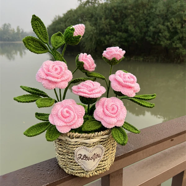 手工编织DIY毛线钩针藤编花盆玫瑰花材料包（送教程）
