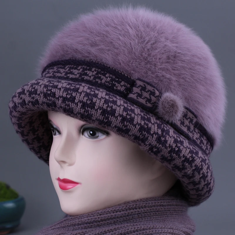 冬天老人帽子女奶奶兔毛帽加绒保暖中老年人妈妈针织毛线帽老太太