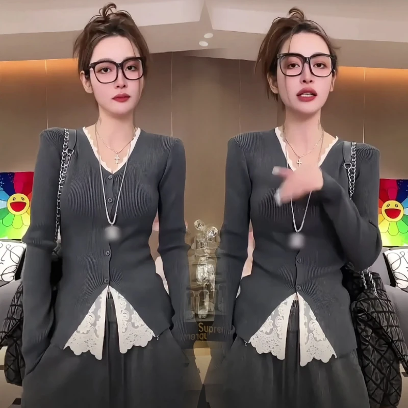 秋冬新款蕾丝拼接针织衫修身显瘦开衫毛衣外套显瘦高腰休闲裤子