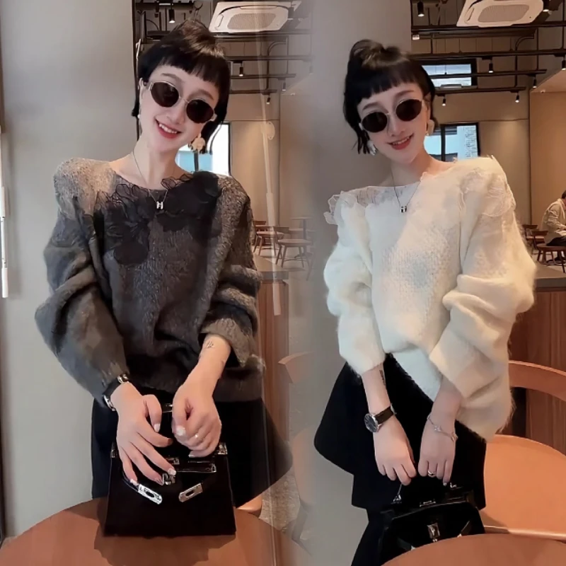 冬季长袖毛衣时尚秋冬宽松圆领绣花毛衣修身假两件打底时尚短裤