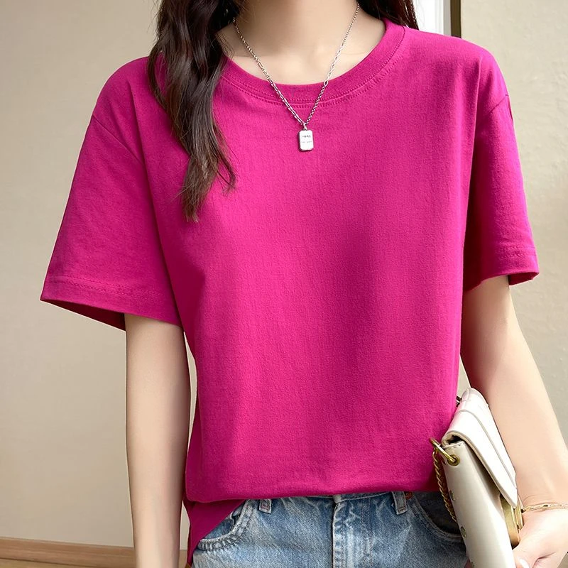 纯色纯棉t恤女短袖圆领上衣夏季新款简约百搭打底衫显瘦打底彩色