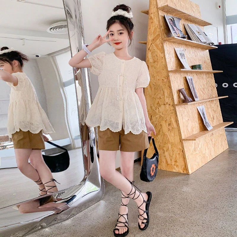 女童套装蕾丝大童女孩泡泡袖荷叶边儿童洋气时尚休闲夏季阔腿宽松