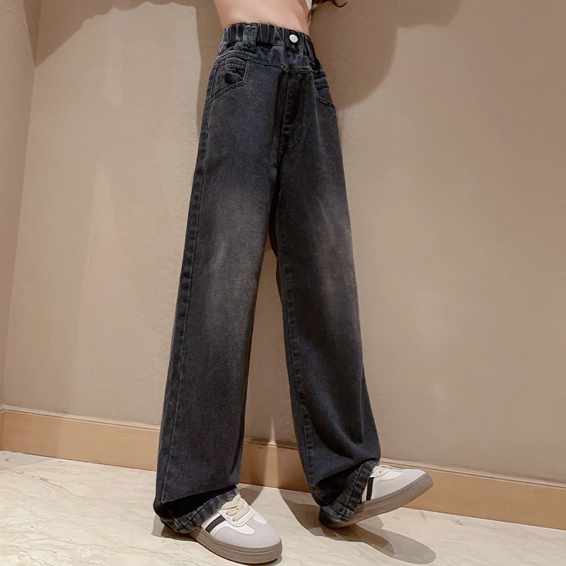 女童裤子秋冬款加绒加厚直筒牛仔裤秋新款儿童阔腿裤中大童宽松