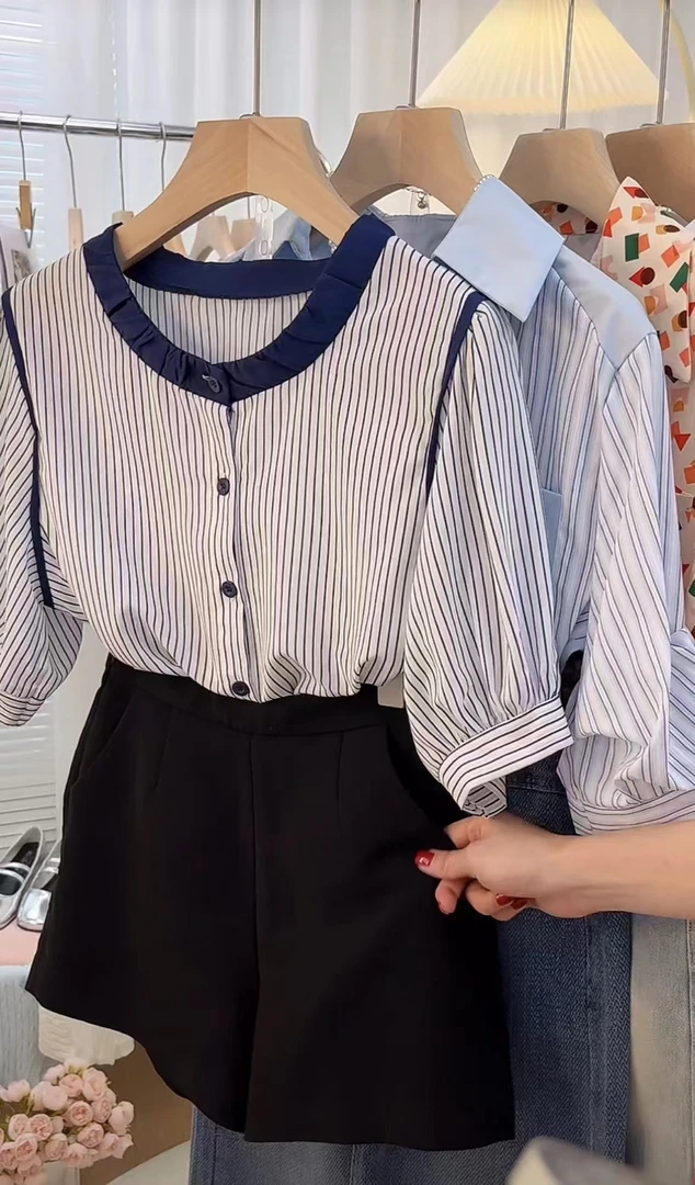 圆领拼色短袖条纹衬衫女2024夏季新款宽松显瘦休闲小衫0261