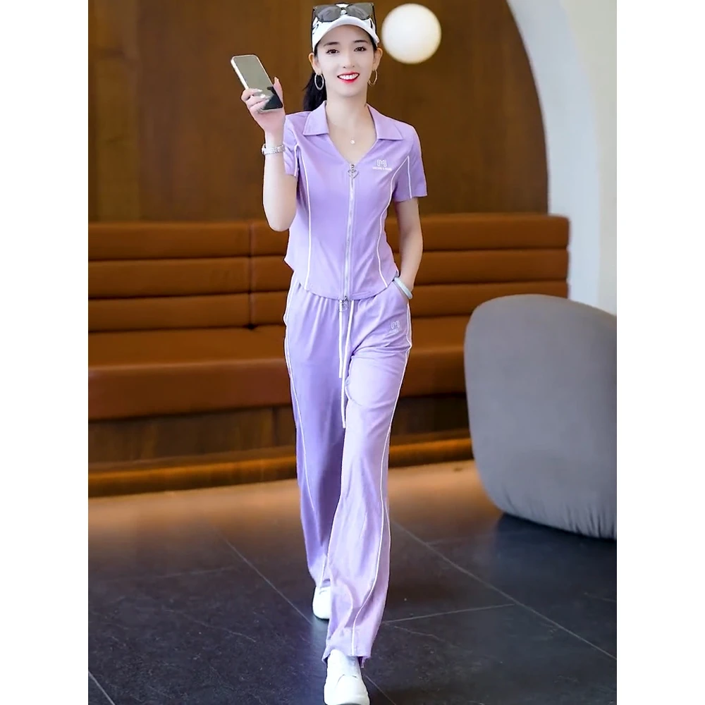 紫色运动服套装女夏季2023新款时尚洋气休闲阔腿裤两件套韩版减龄