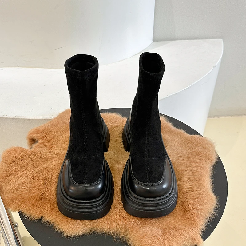 复古显瘦中筒弹力靴时尚百搭厚底短靴秋冬单靴秋季英伦风瘦瘦靴