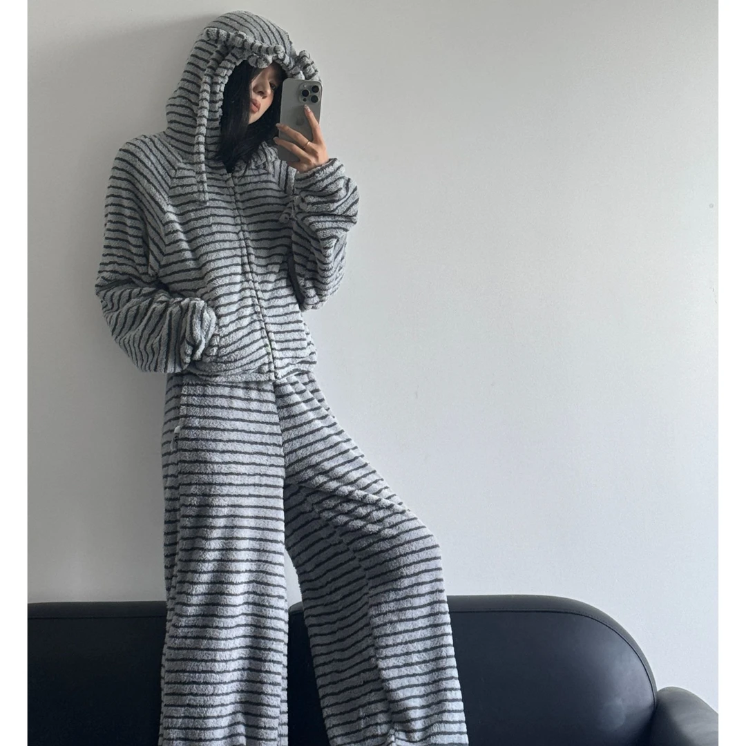 设计感小众触角抽绳帽双面珊瑚绒灰色条纹睡衣家居服两件套