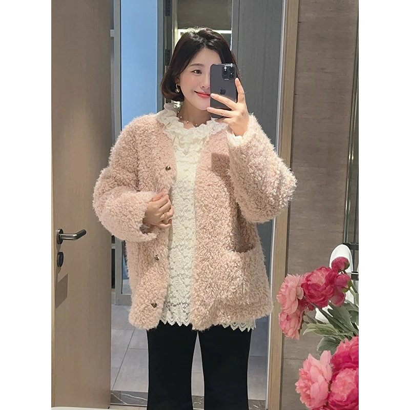 【DIS 定制】【粉韵云霜】秋冬V领宽松加厚保暖毛呢外套Z524X19677