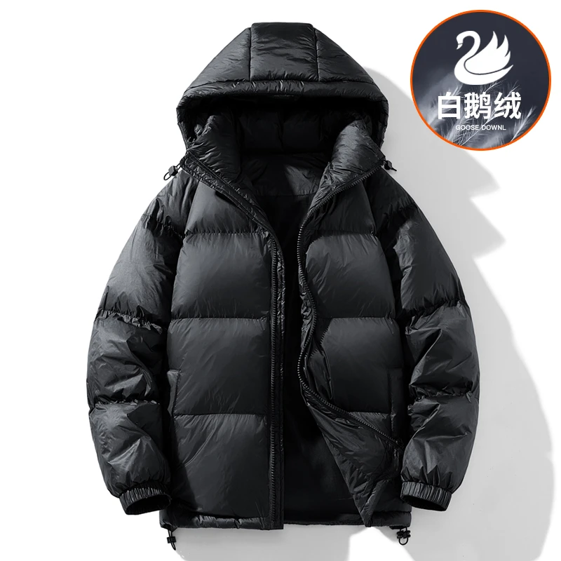 白鹅绒短款羽绒服加厚保暖连帽情侣时尚冬季韩版男士外套连帽短款