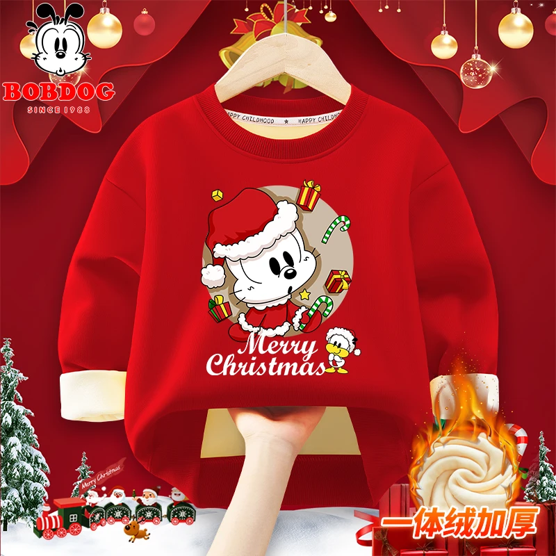 巴布豆卡乐男童加绒圆领卫衣中大童儿童红色圣诞衣服休闲童装上衣
