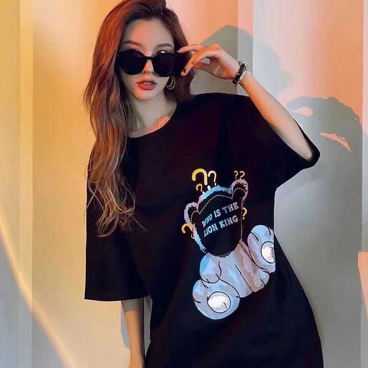 JINGMM/大码女装宽松印花T恤女网红百搭中长款圆领胖MM200斤上衣