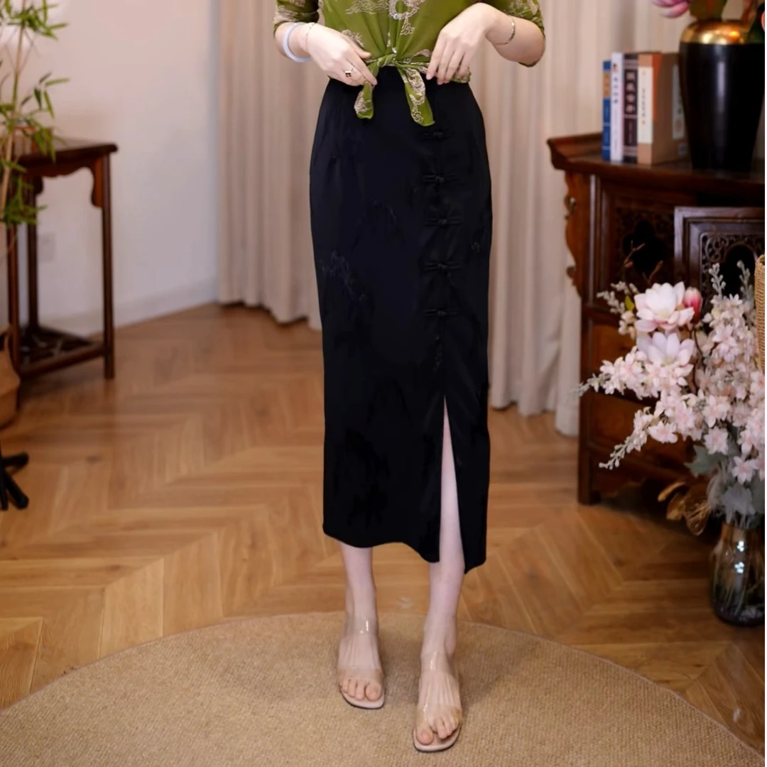 【白小白精选】 山色空濛前开衩高腰长半裙气质复古的开叉显瘦K1538