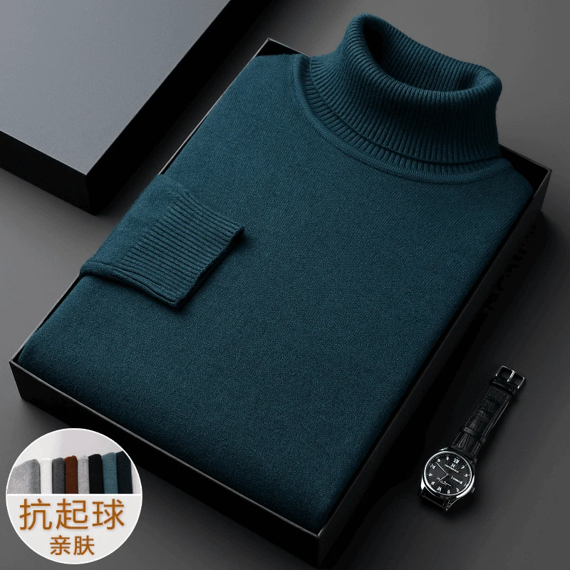 正品鄂尔多斯产100%纯羊毛衫男士新款毛衣可翻高领保暖打底针织衫