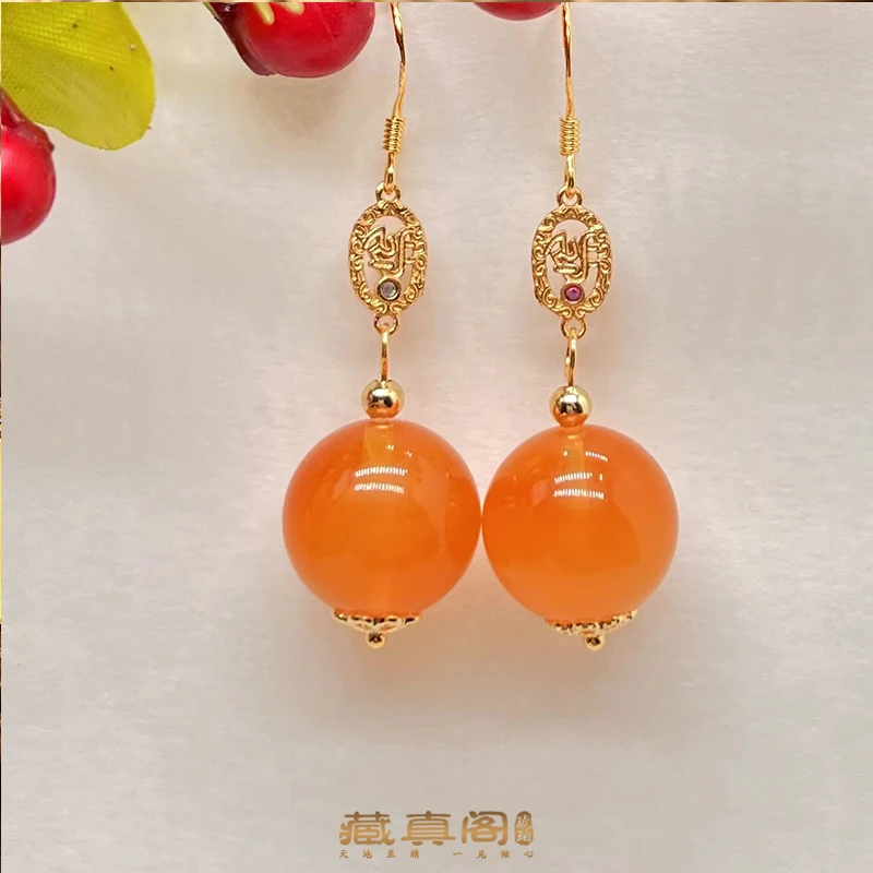 【藏真阁】天然珠宝琥珀蜜蜡12+圆珠时尚女士百搭款银镶耳钩H0752