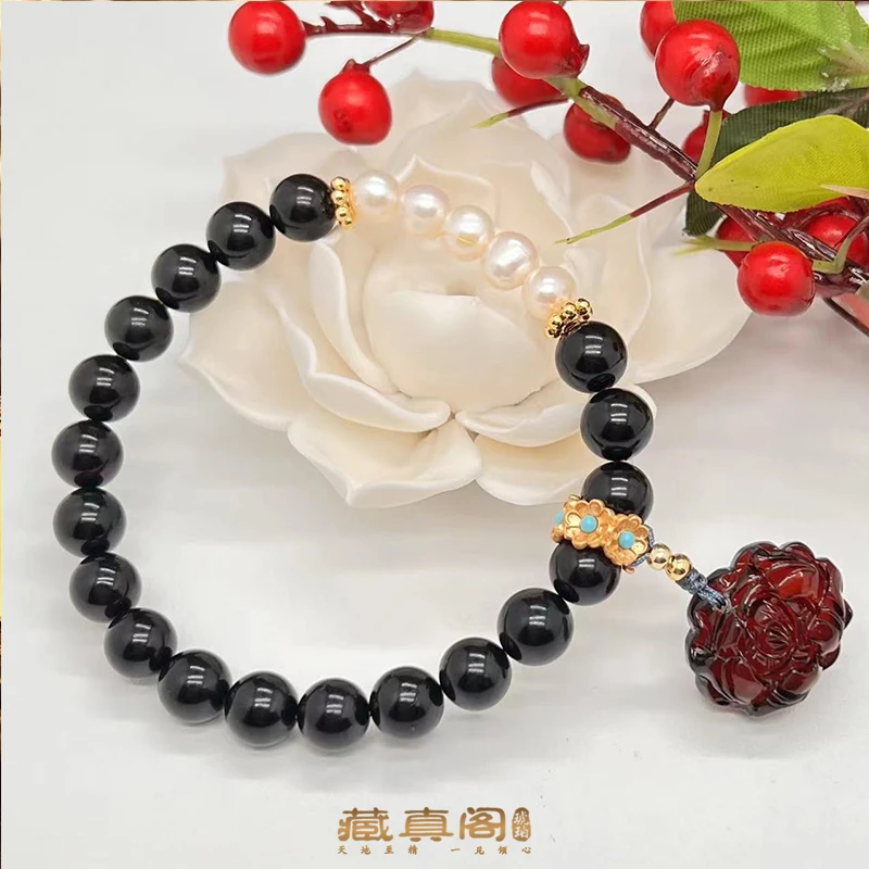 【藏真阁新人浮力】天然琥珀翳珀DIY牡丹花设计款时尚手串H0763