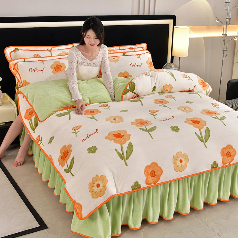 8-9斤加厚牛奶绒四件套床裙款双面绒防滑防静电高克重加绒