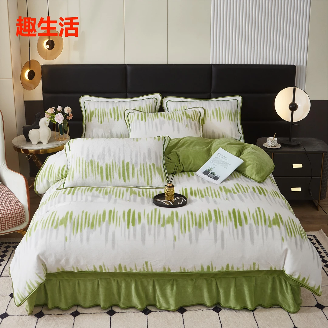 8-9斤加厚牛奶绒四件套不跑被床裙款双面绒保暖防静电高克重欧式