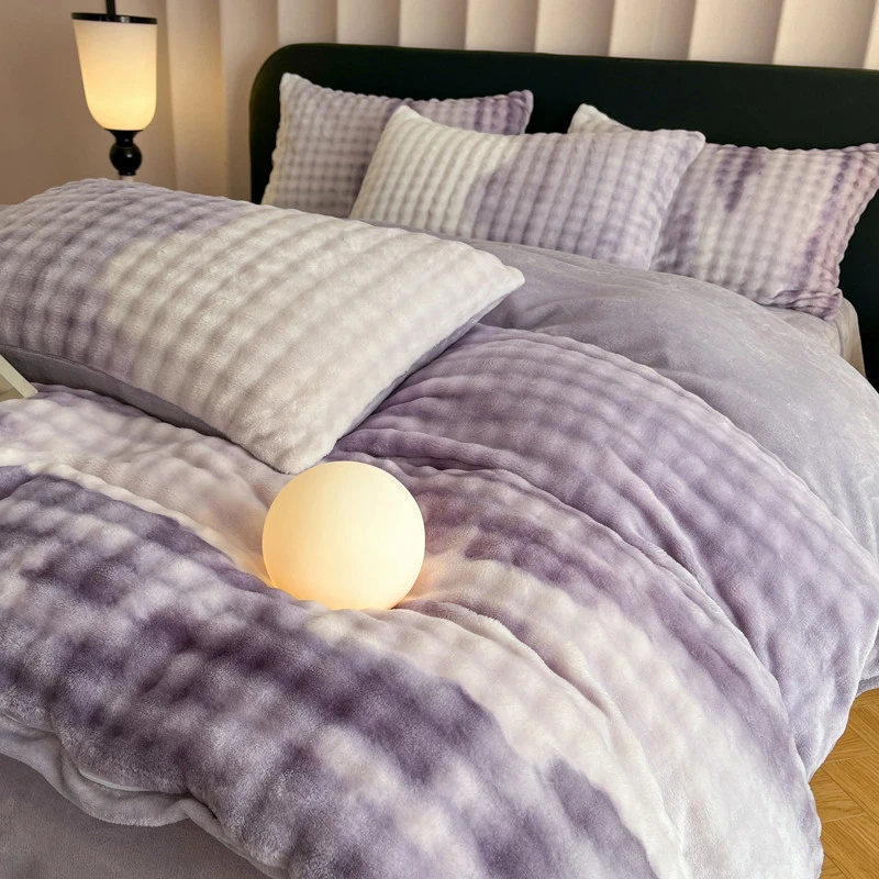 新款牛奶绒泡泡四件套双面绒渐变色纯色冬季加厚床单款被套高质量