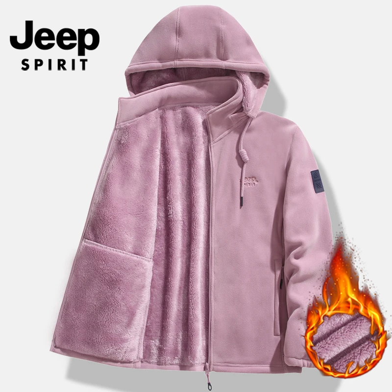 JEEP秋冬户外抓绒衣男女情侣加绒加厚开衫连帽保暖夹克风衣外套潮