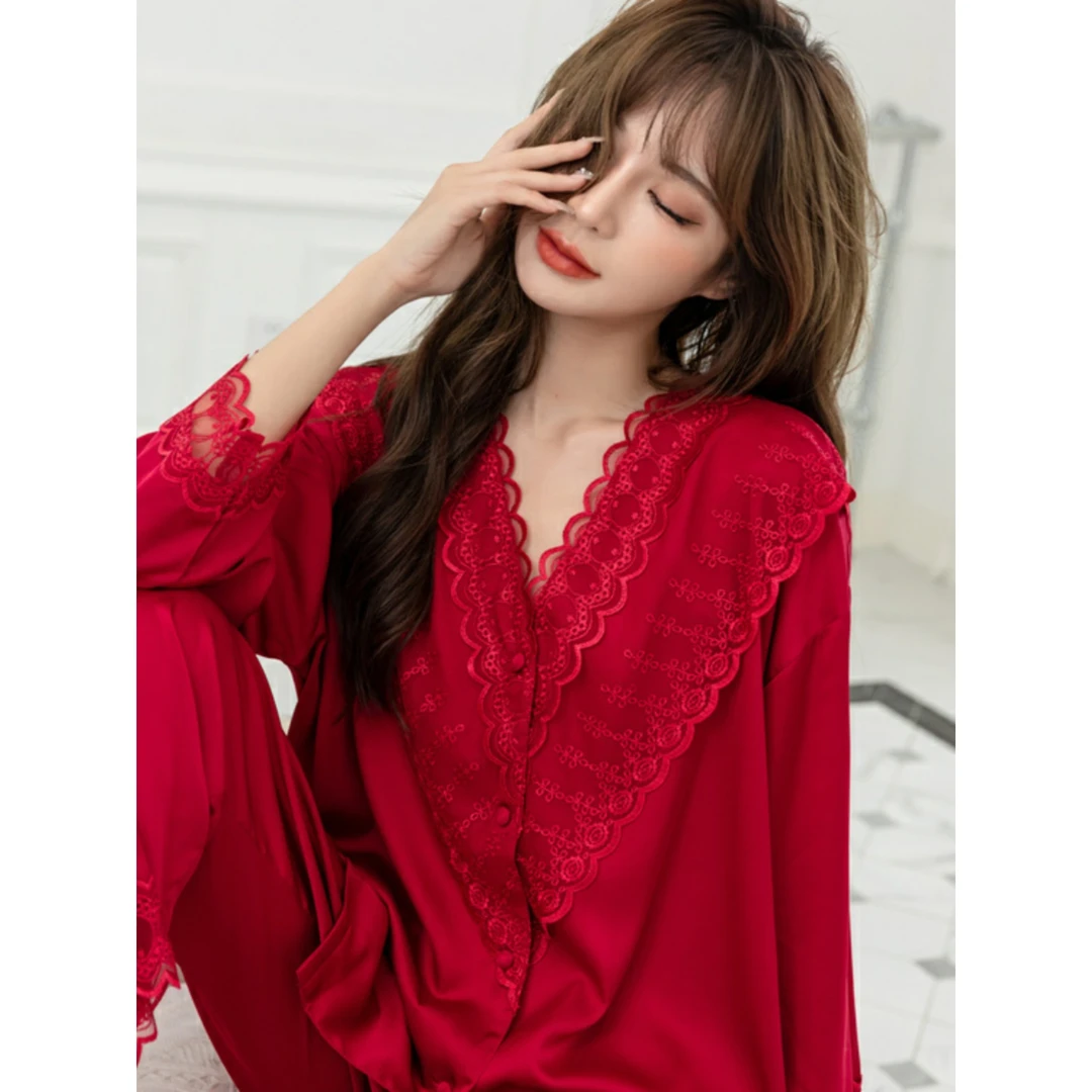 春秋季红色女式睡衣结婚本命年女长袖长裤蕾丝花边莫代尔家居服