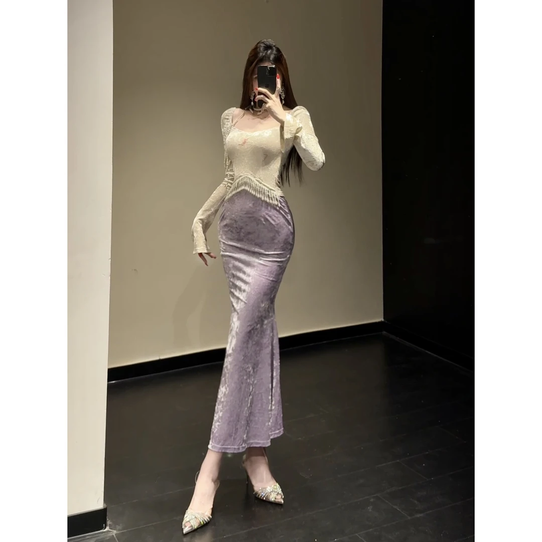 新中式拼接设计感流苏重工喇叭袖新中式鱼尾长款连衣裙a39