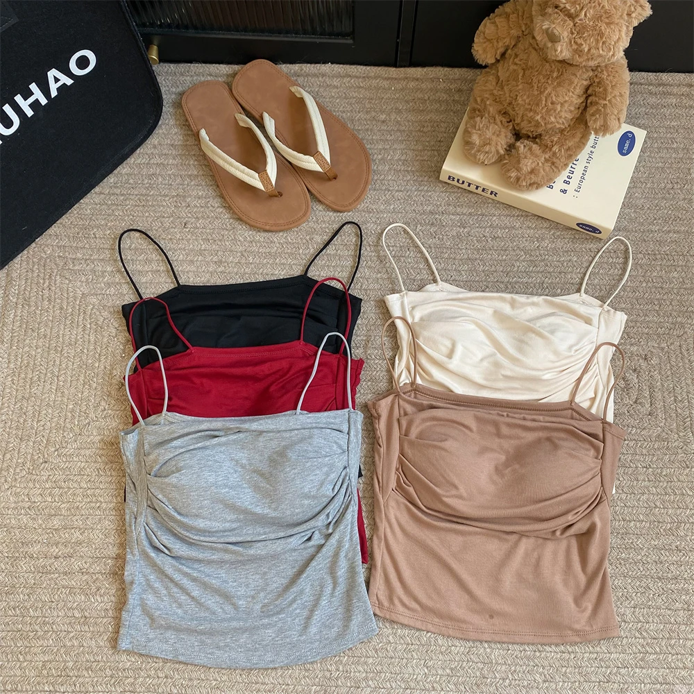 ins高级秋冬内搭带胸垫吊带女短款一字领褶皱针织性感背心上衣