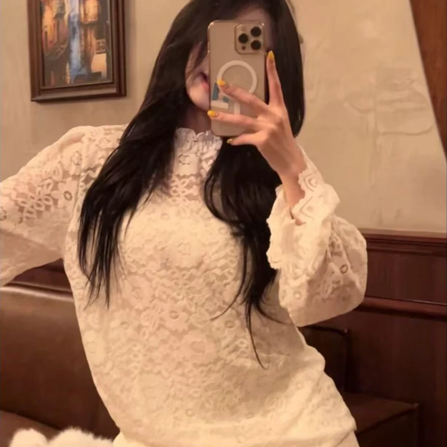 【希希专属】柔软亲肤软蕾丝高级感立领蕾丝衫百搭打底衫叠穿上衣