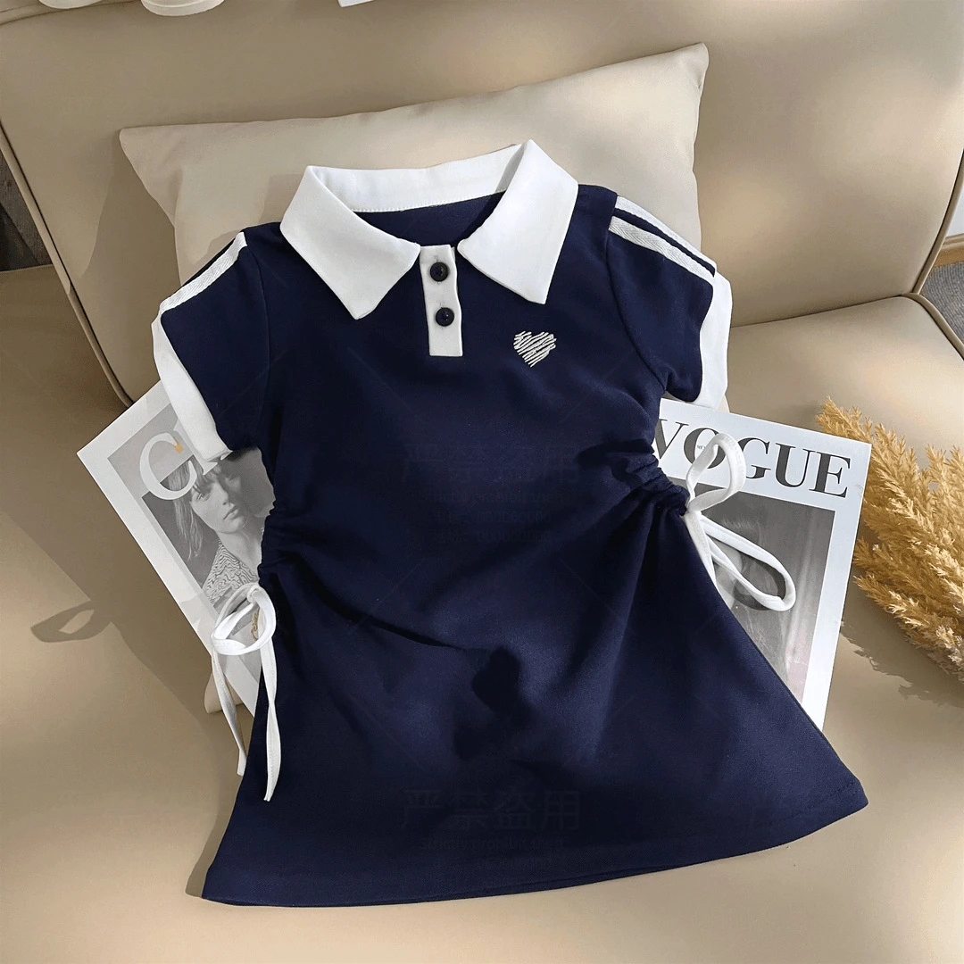 女童学院风撞色短袖连衣裙夏季新品女宝宝洋气2025年款衣服儿童
