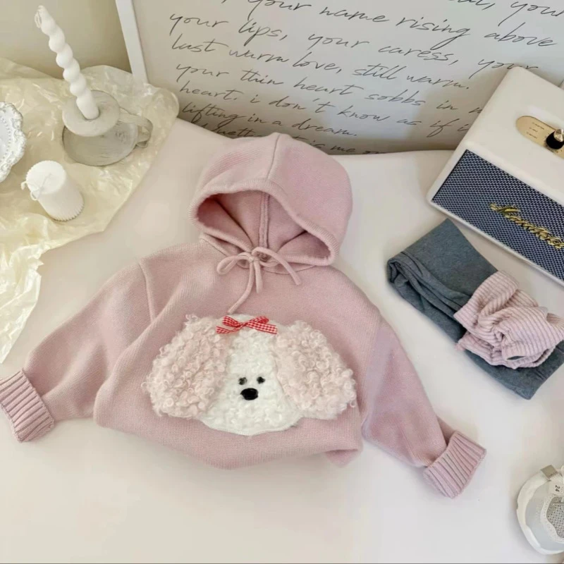 新款女童套装秋季新款韩系毛衣可爱小女孩卡通连帽针织衫两件套潮