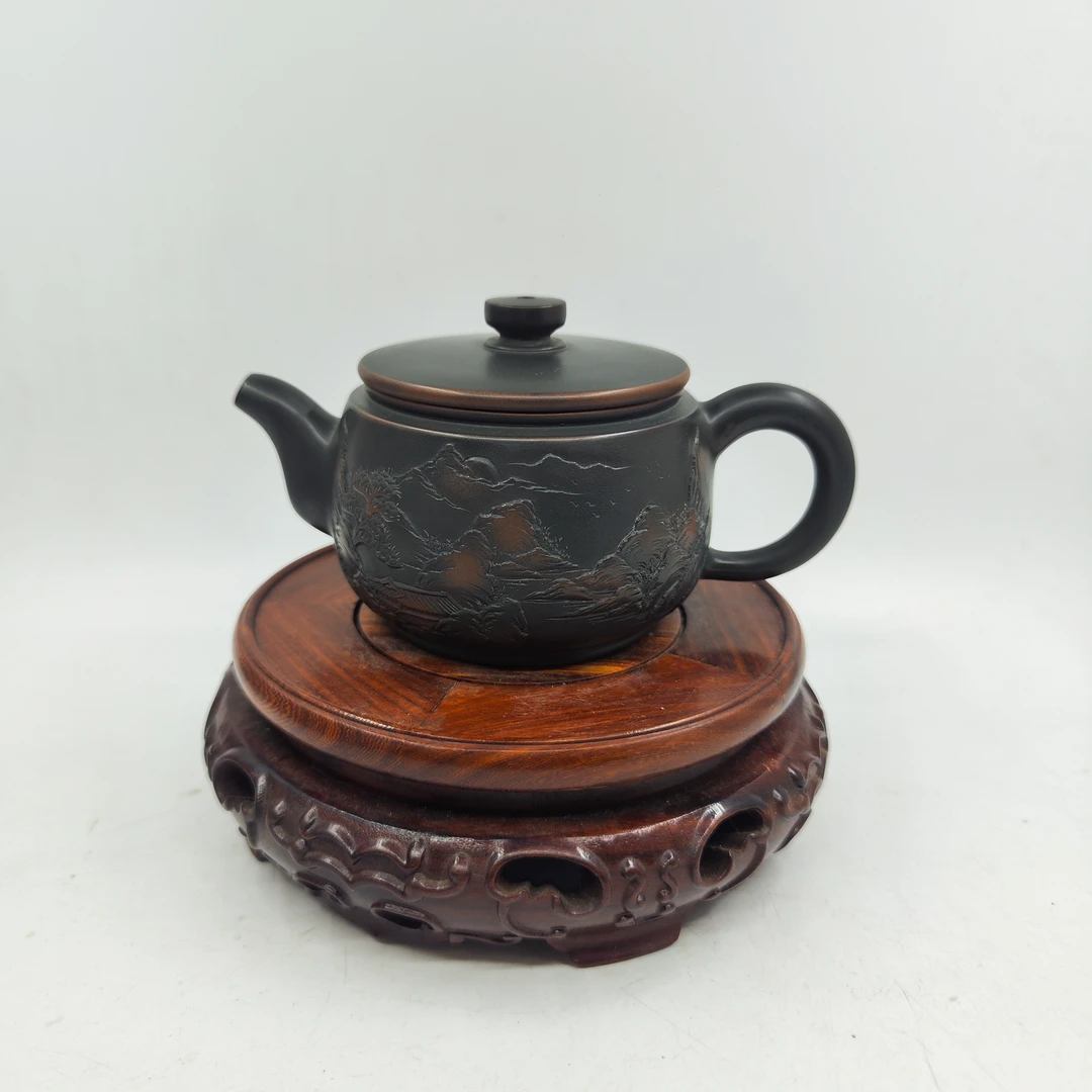 约210毫升左右 广西钦州坭兴陶 汉瓦壶浮雕山水 全手工 泡茶壶