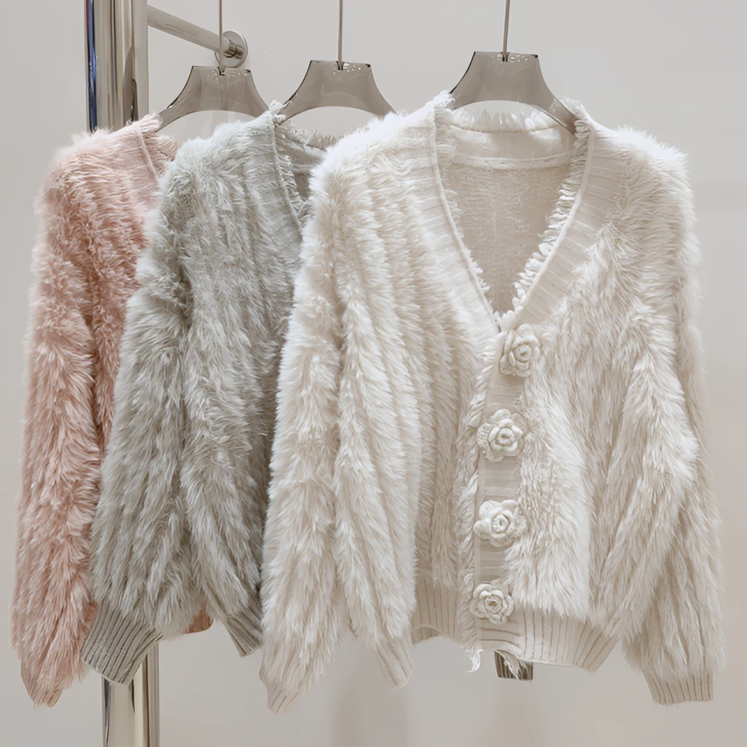 清仓国风小香风仿貂绒针织开衫秋冬宽松名媛花朵毛衣外套上衣外套