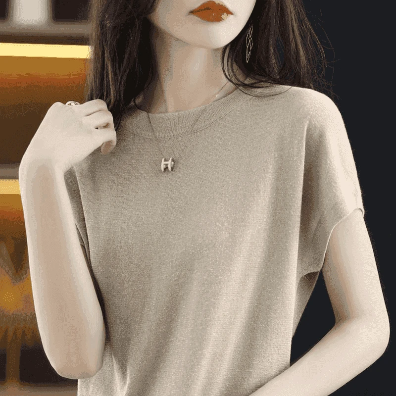 莱赛尔天丝夏季短袖时尚气质百搭亚麻轻奢星空纱简约纯色洋气半袖