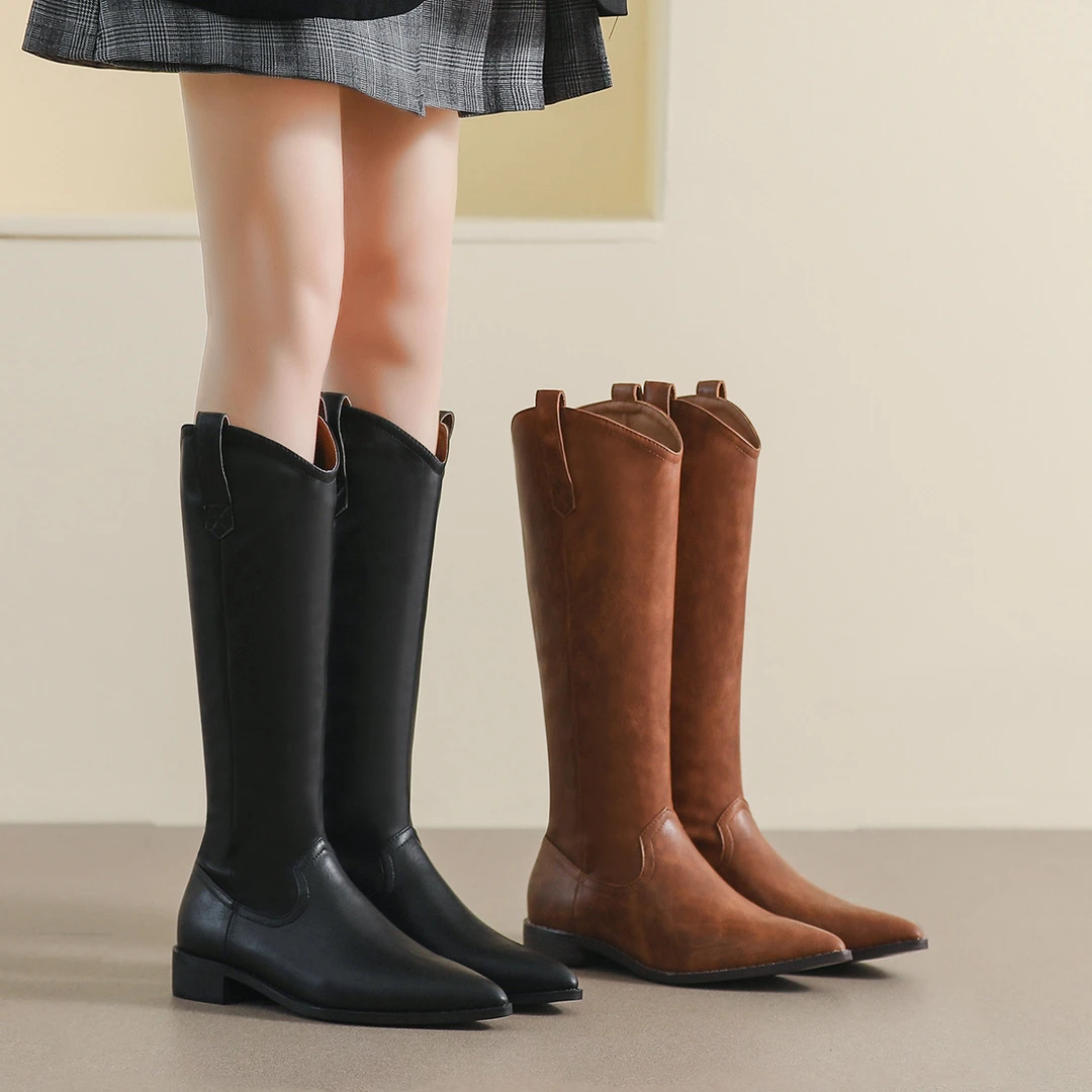 2025新款 -西部牛仔靴秋冬新款粗跟切尔西靴复古长筒靴子女