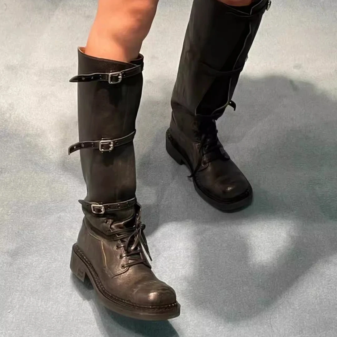 牛皮版~复古高筒皮带扣骑士靴女2025年走秀款方头机车靴长靴