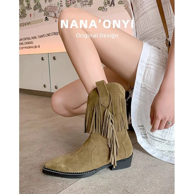 2025复古流苏牛仔西部靴新款春秋粗跟真皮牛反皮短筒靴子旅游短靴