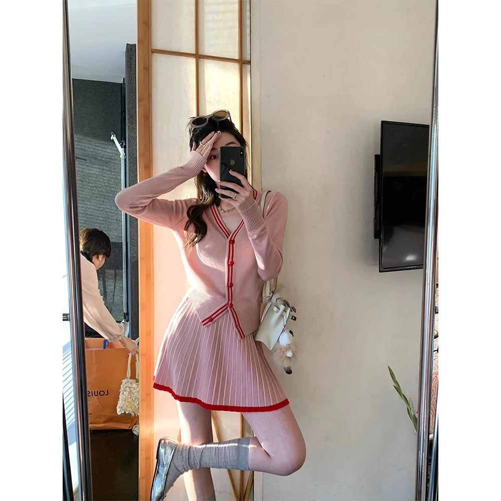 韩版百搭针织衫女小众设计感小香风针织V领开衫半身裙套装两件套