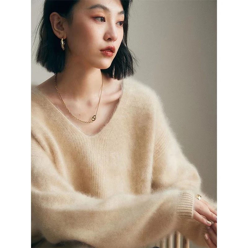 马海毛V领套头软糯毛衣女秋季加厚宽松慵懒风打底针织衫法式上衣