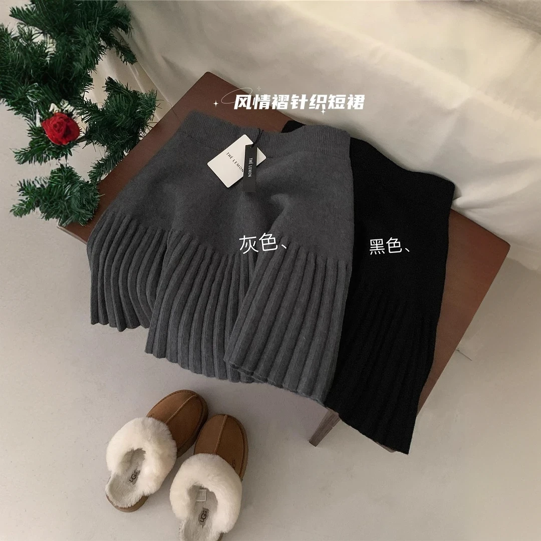 纯欲风辣妹高腰a字针织短裙女秋冬高级感松紧腰包臀半身百褶裙子