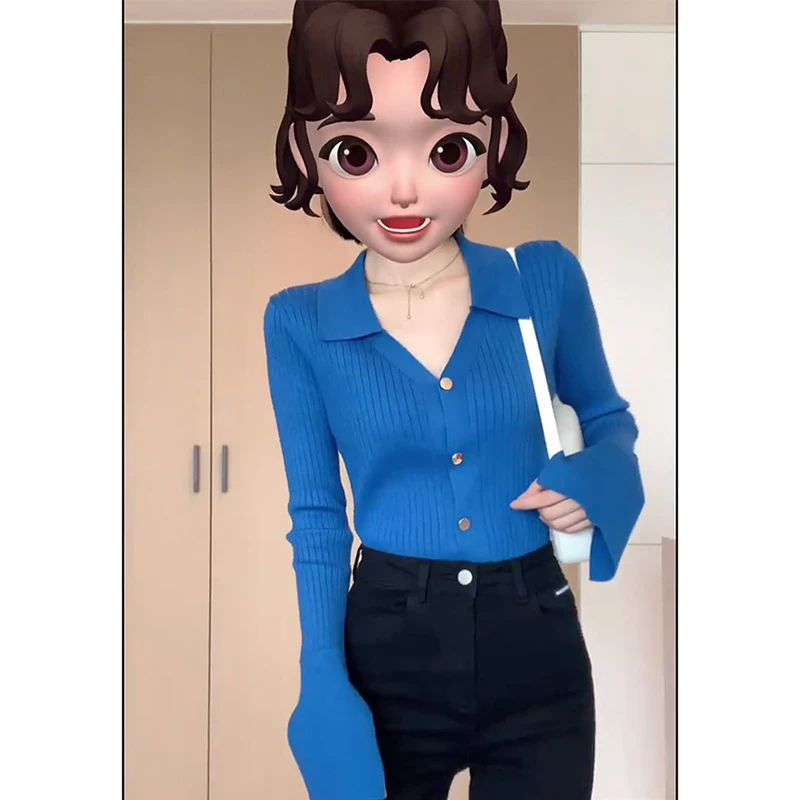 克莱因蓝v领翻领针织开衫女春秋秋冬毛衣内搭打底衫修身长袖上衣