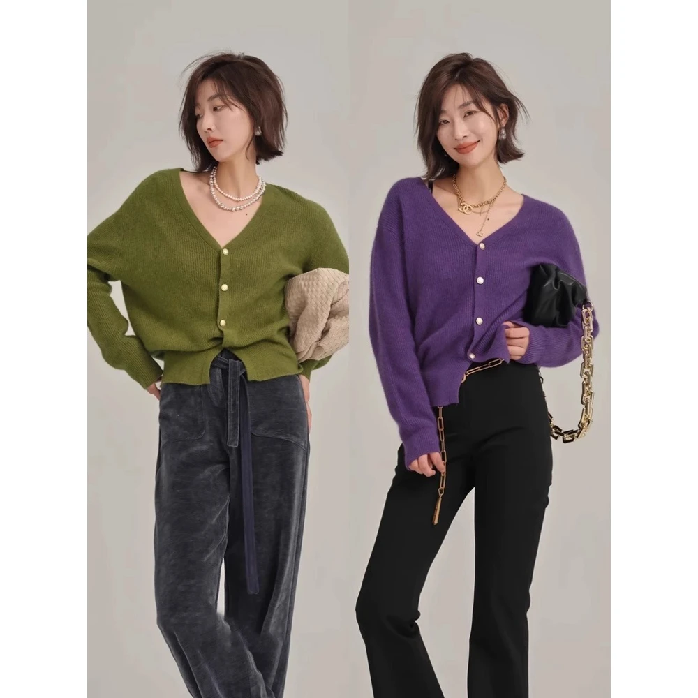 优雅气质紫色v领毛衣外套女秋冬宽松慵懒针织开衫短款上衣