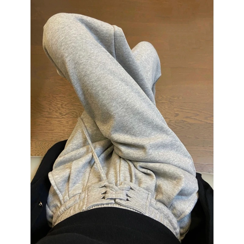 灰色阔腿裤女高腰垂感春秋冬2023新款直筒拖地休闲卫裤绑带运动裤