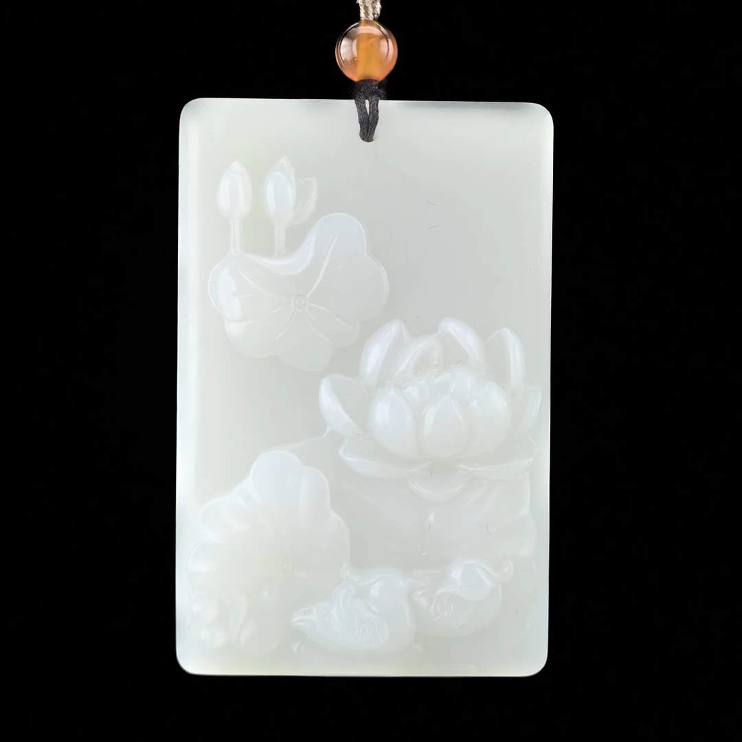 痕玉传承｜珍藏级和田白玉羊脂玉莲花平安无事牌｜55*35*10