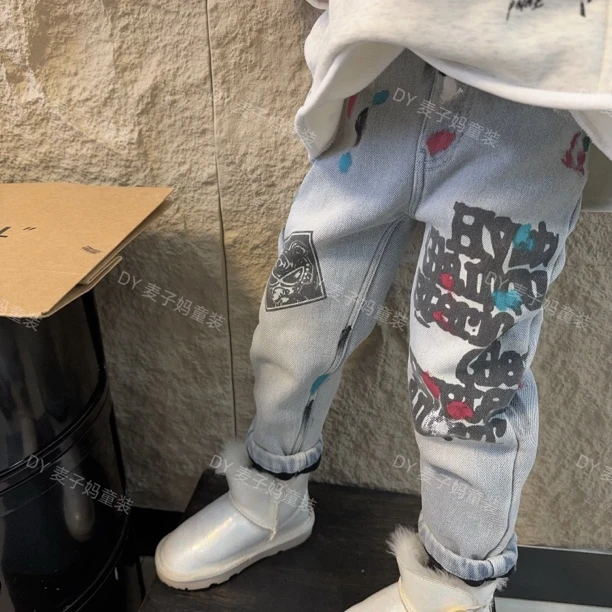 现MZ.儿童冬季新款加绒超超漆点字母印花小脚瘦版软牛仔裤1254