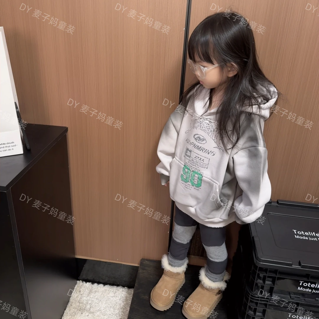 现MZ.儿童冬季新款加绒潮牌做旧字母连帽卫衣1182