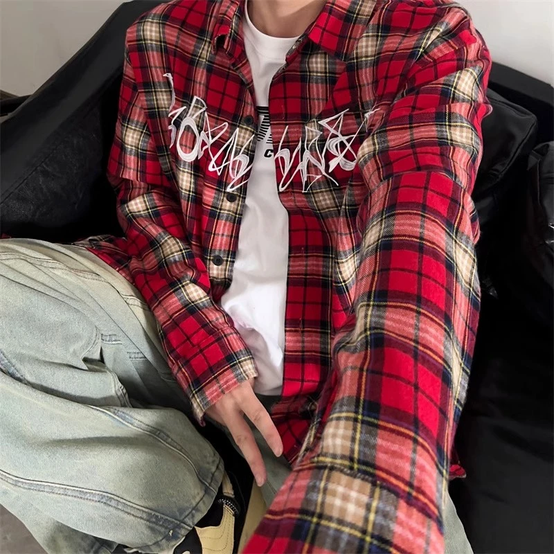 美式潮牌复古红色格子刺绣衬衫男休闲长袖衬衣宽松男女同款上衣