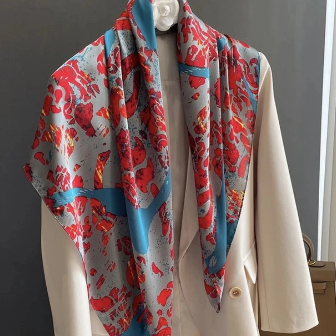 075烈焰红唇花丽景缎丝巾90方巾春秋气质女明星同款时尚百搭