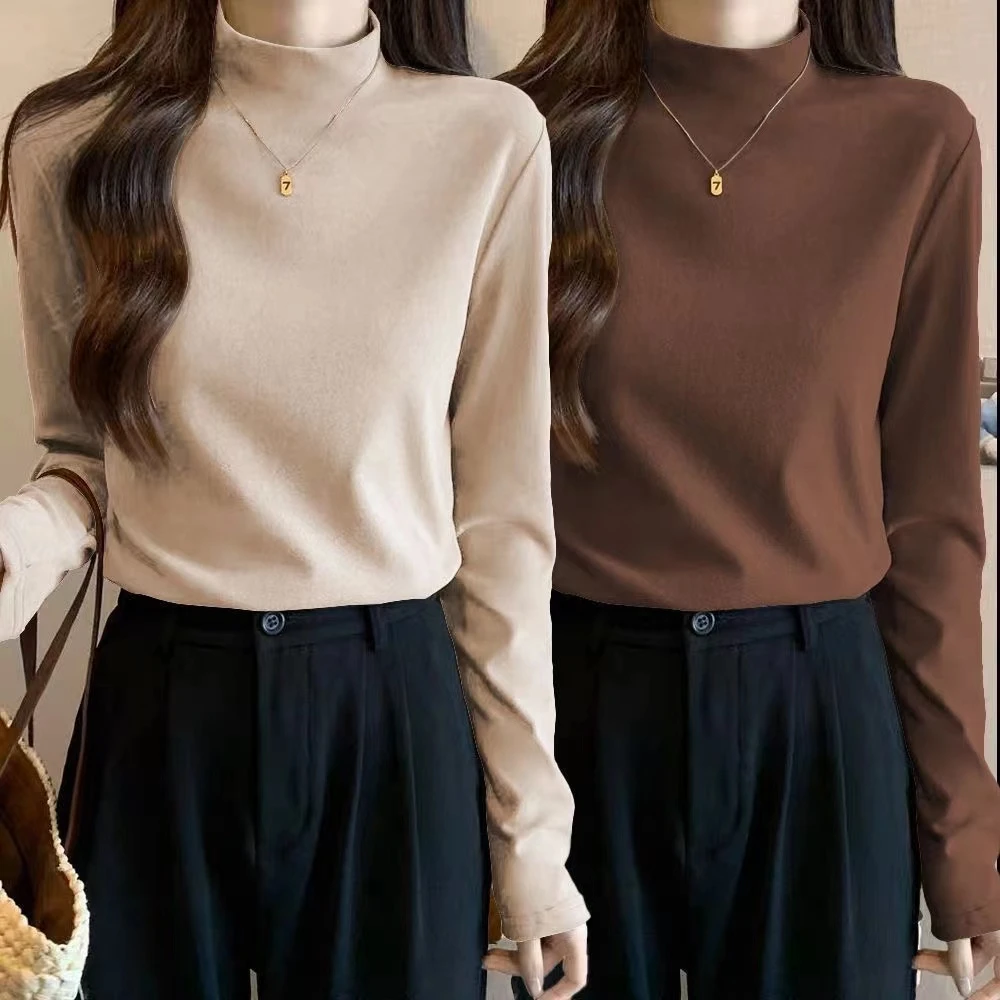 加厚半高领德绒打底衫秋冬内搭宽松大码保暖T恤内搭长袖外穿