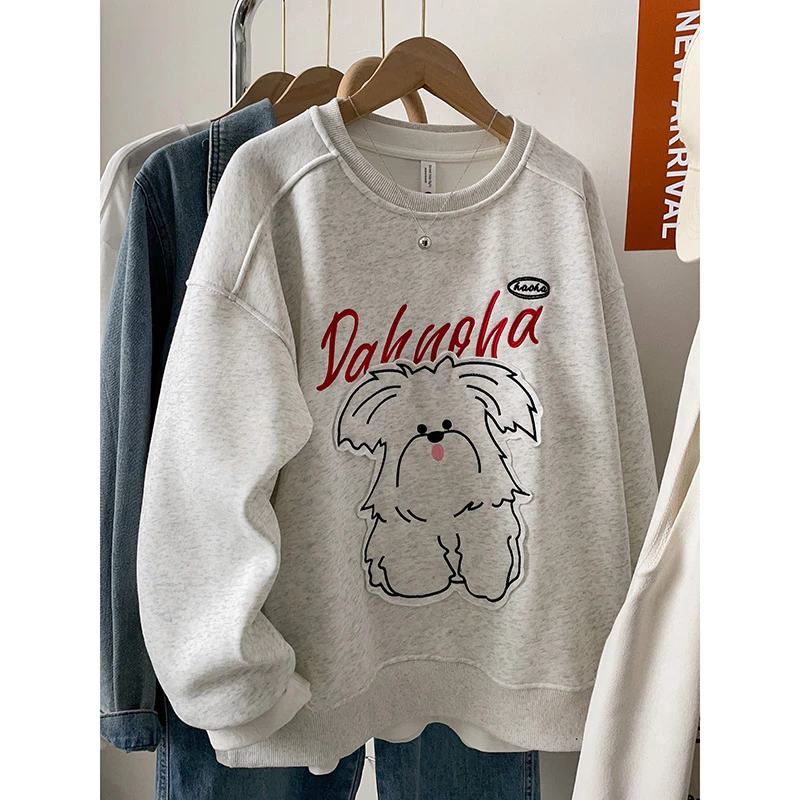 韩系贴布刺绣字母大狗设计款慵懒大版百搭宽松休闲圆领卫衣女